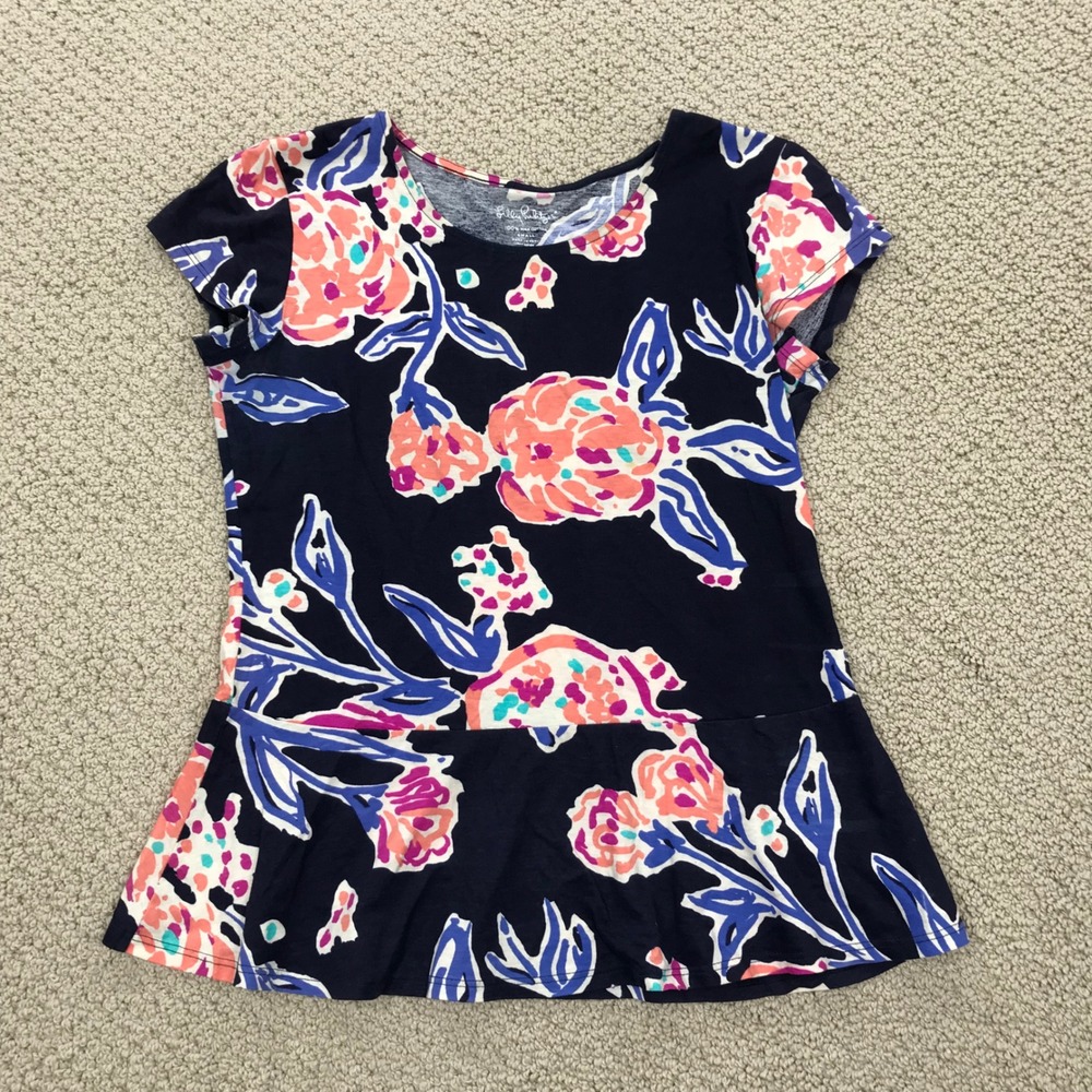 Lilly Pulitzer Navy Blue Floral Pima Cotton Peplum Top Short Sleeve Small